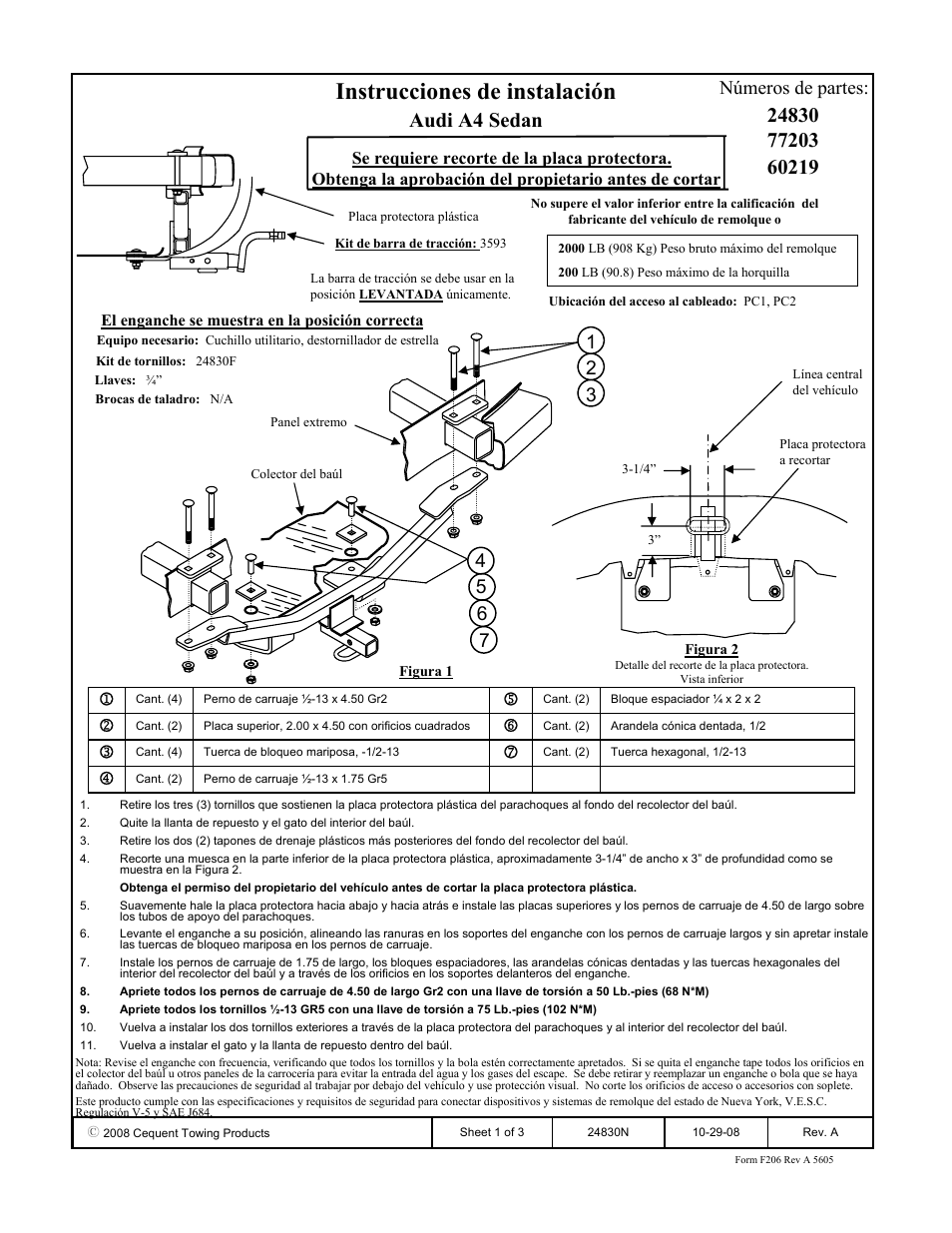Instrucciones de instalación, Audi a4 sedan, Números de partes | Draw-Tite 24830 SPORTFRAME HITCH User Manual | Page 3 / 3