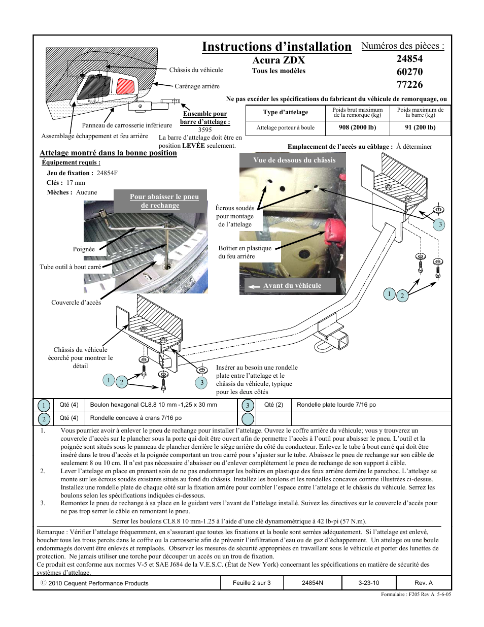 Instructions d’installation, Acura zdx, Numéros des pièces | Draw-Tite 24854 SPORTFRAME HITCH User Manual | Page 2 / 3