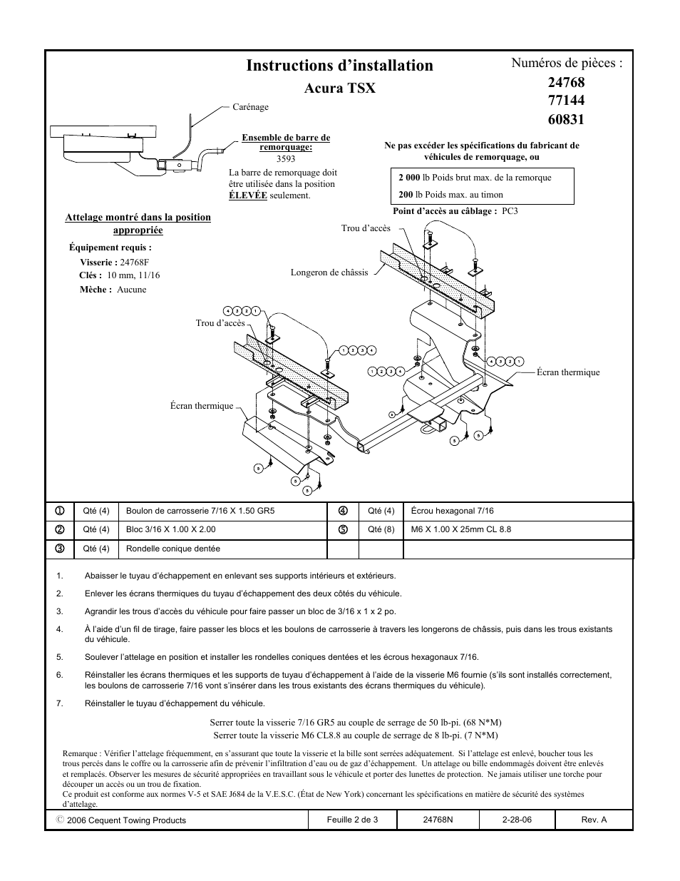 Instructions d’installation, Acura tsx, Numéros de pièces | Draw-Tite 24768 SPORTFRAME HITCH User Manual | Page 2 / 3
