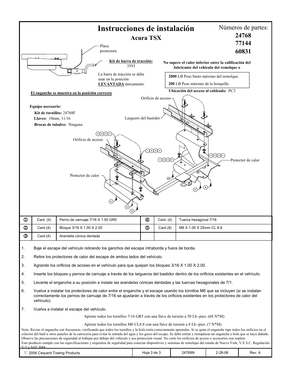 Instrucciones de instalación, Acura tsx números de partes | Draw-Tite 24768 SPORTFRAME HITCH User Manual | Page 3 / 3