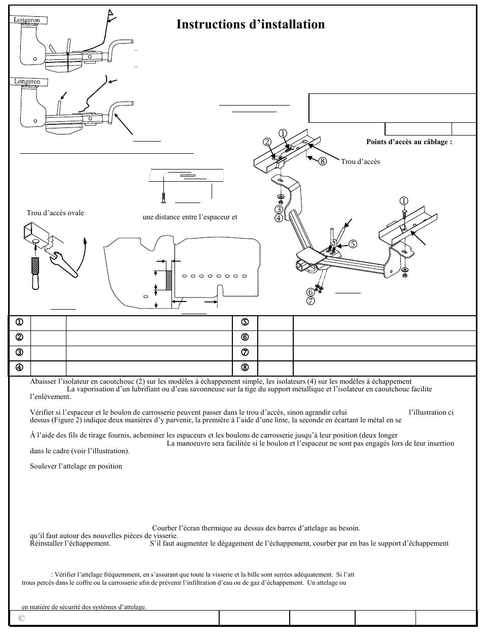 Instructions d’installation, Numéros de pièces | Draw-Tite 24899 SPORTFRAME HITCH User Manual | Page 2 / 3