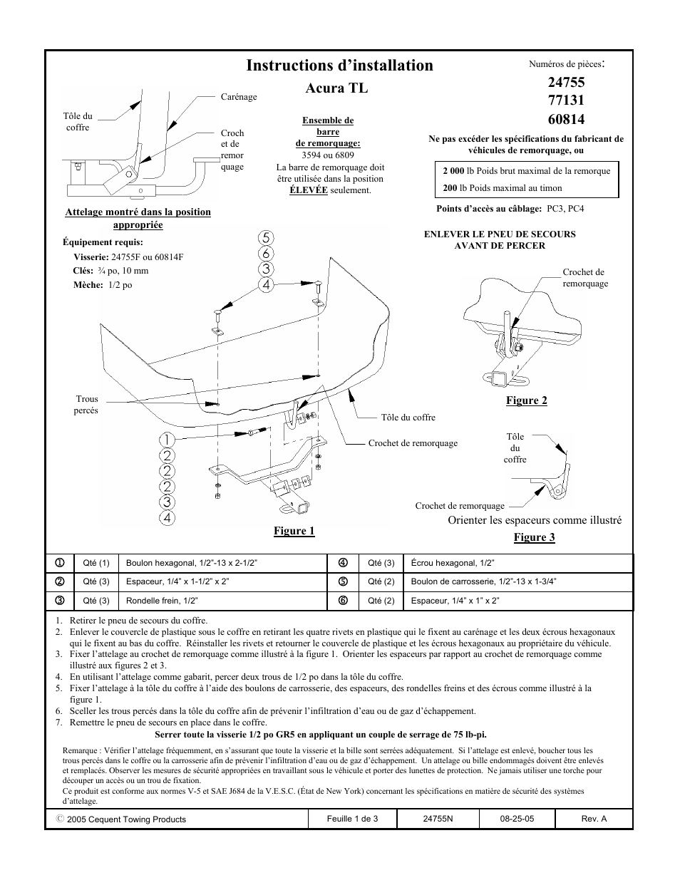 Instructions d’installation, Acura tl | Draw-Tite 24755 SPORTFRAME HITCH User Manual | Page 2 / 3