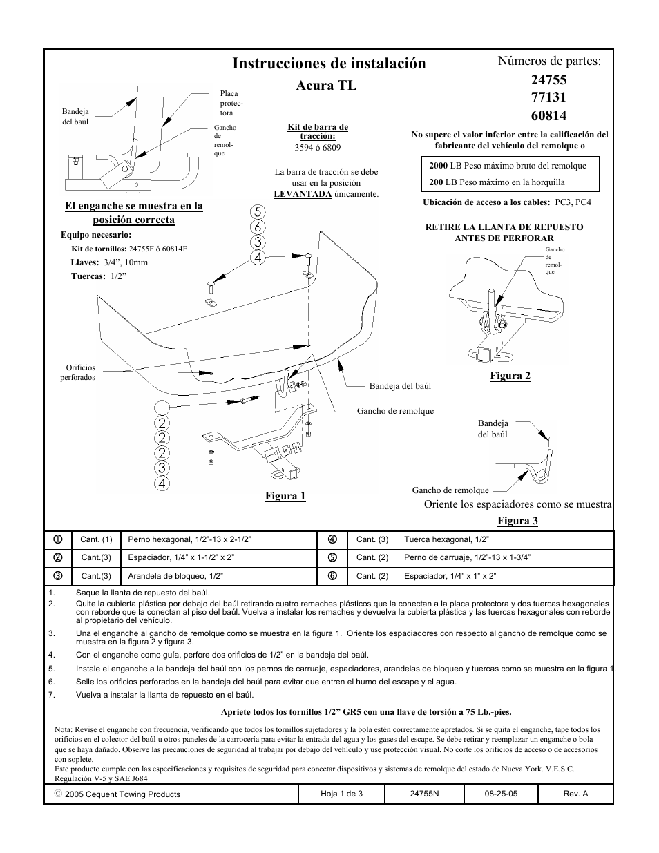 Instrucciones de instalación, Acura tl, Números de partes | Draw-Tite 24755 SPORTFRAME HITCH User Manual | Page 3 / 3