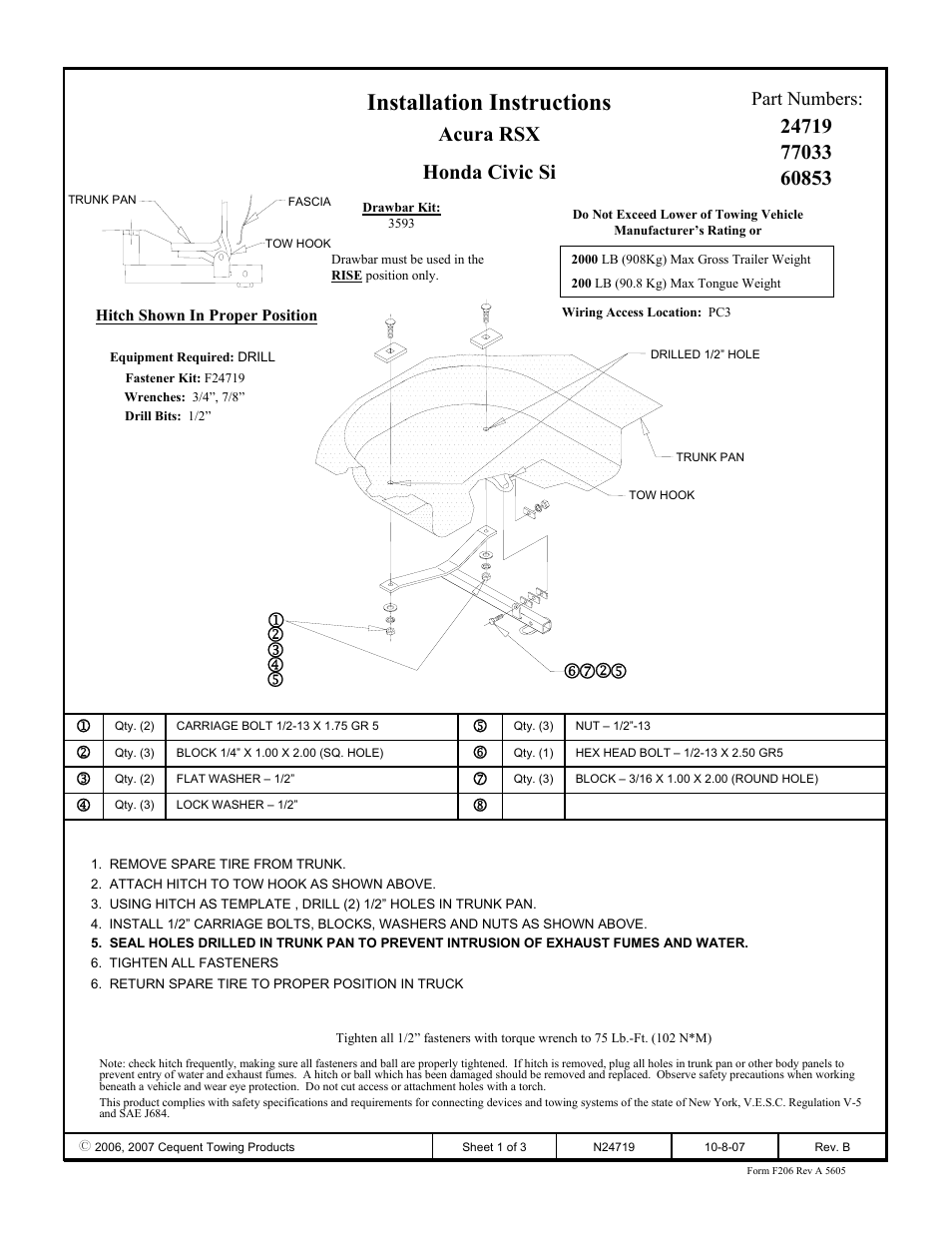 Draw-Tite 24719 SPORTFRAME HITCH User Manual | 3 pages