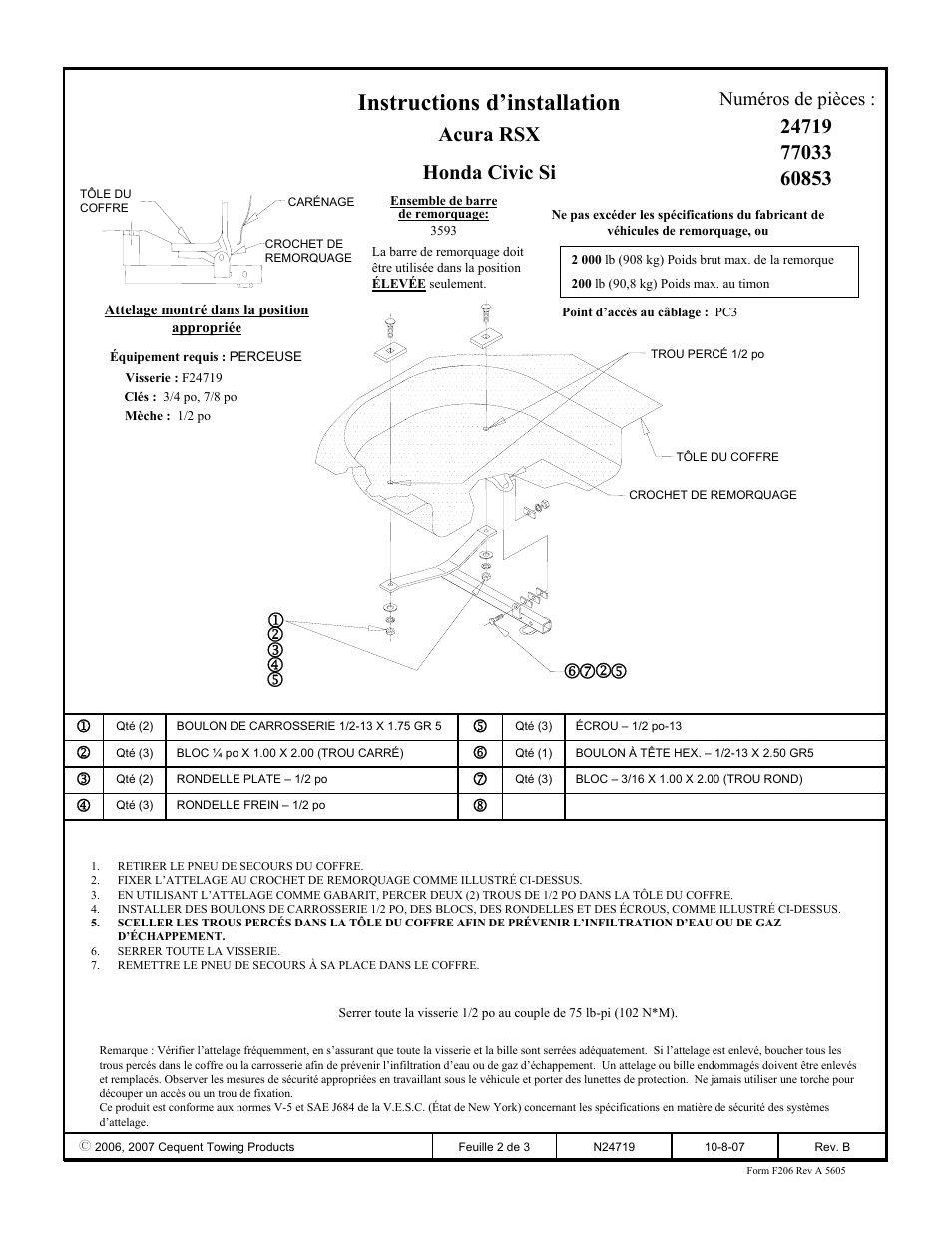 Instructions d’installation, Acura rsx honda civic si, Numéros de pièces | Draw-Tite 24719 SPORTFRAME HITCH User Manual | Page 2 / 3