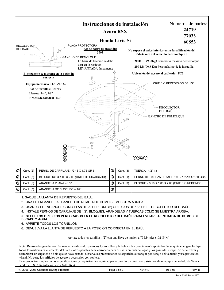 Instrucciones de instalación, Acura rsx honda civic si números de partes | Draw-Tite 24719 SPORTFRAME HITCH User Manual | Page 3 / 3