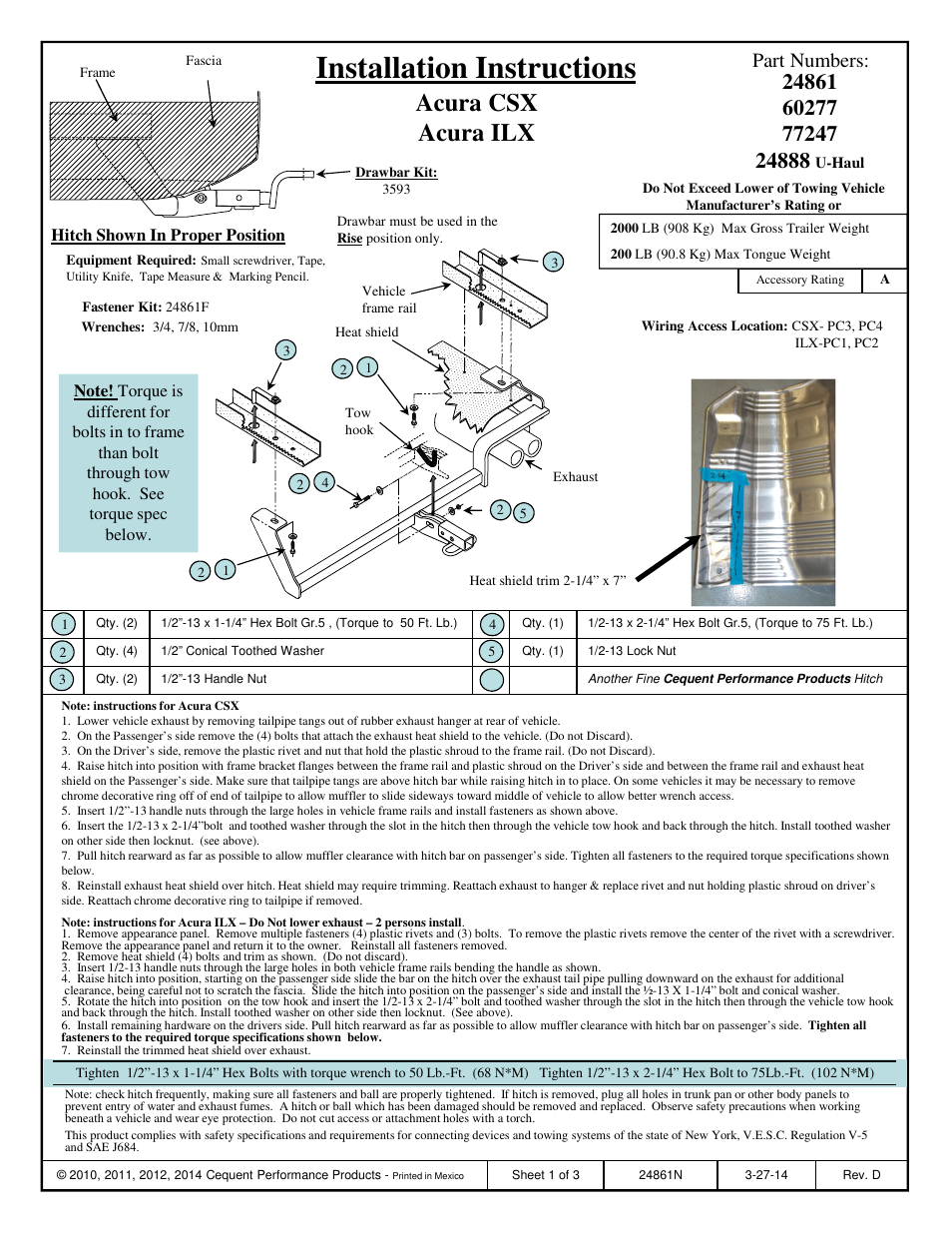 Draw-Tite 24861 SPORTFRAME HITCH User Manual | 3 pages