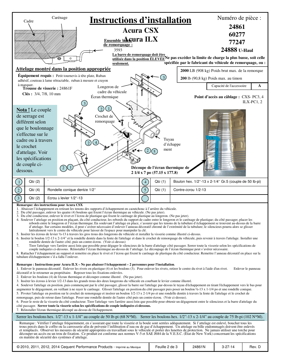 Instructions d’installation, Acura csx acura ilx, Numéro de pièce | Draw-Tite 24861 SPORTFRAME HITCH User Manual | Page 2 / 3