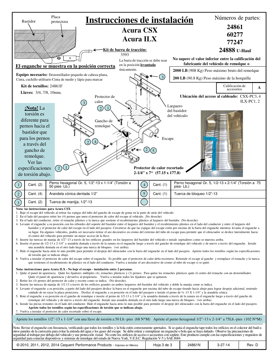 Instrucciones de instalación, Acura csx acura ilx, Números de partes | Draw-Tite 24861 SPORTFRAME HITCH User Manual | Page 3 / 3