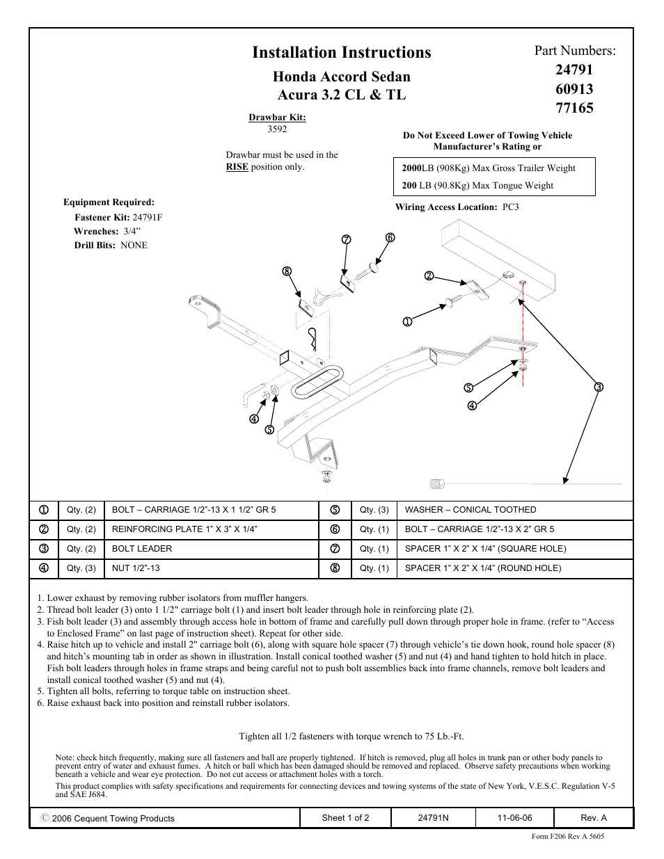 Draw-Tite 24791 SPORTFRAME HITCH User Manual | 2 pages