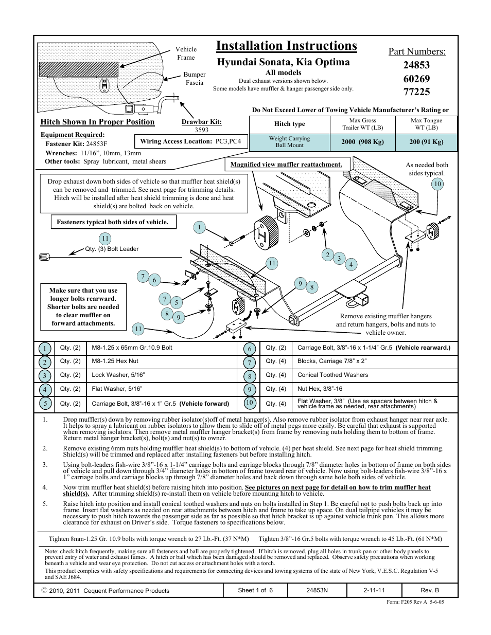 Draw-Tite 24853 SPORTFRAME HITCH User Manual | 6 pages