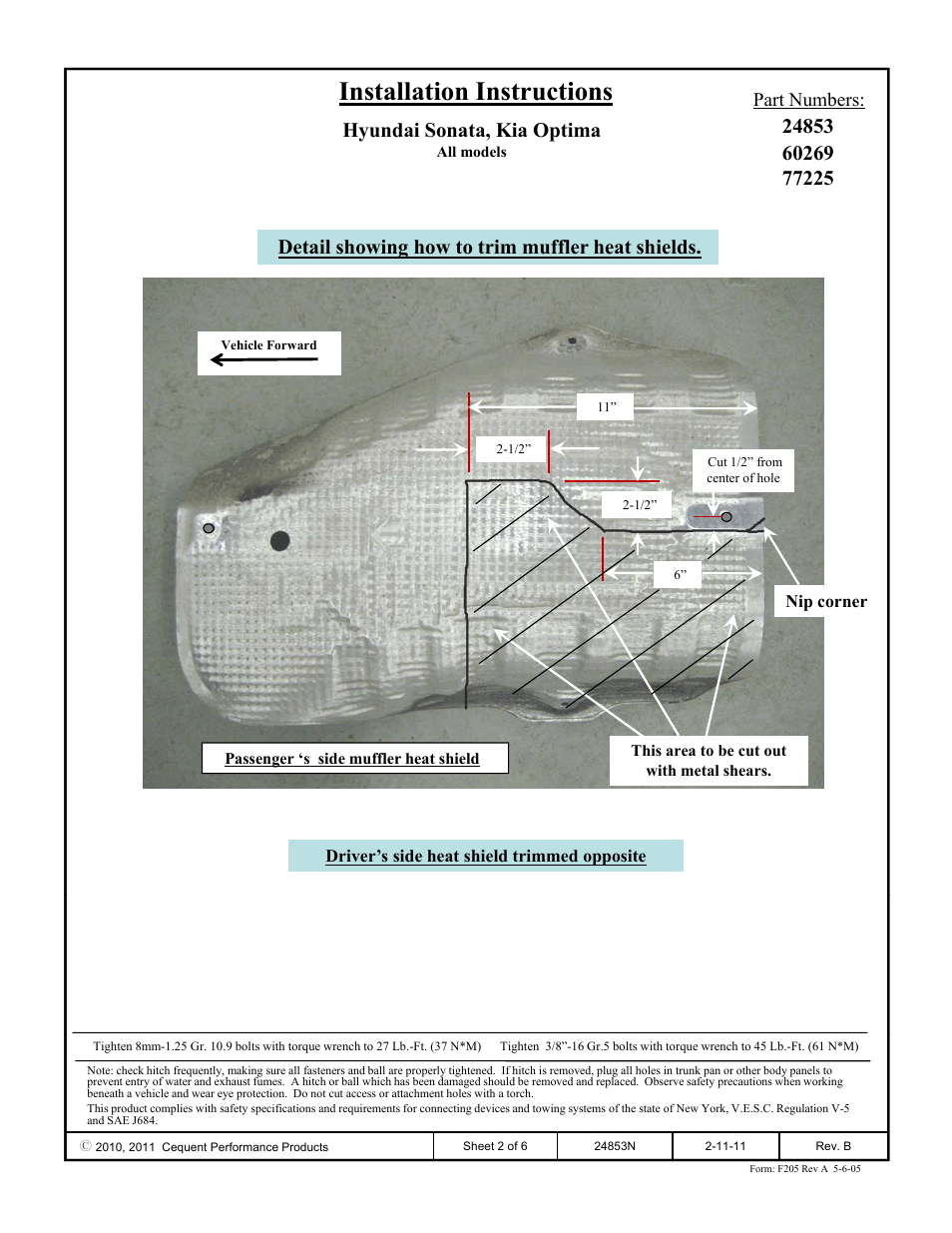 Installation instructions, Detail showing how to trim muffler heat shields, Part numbers | Draw-Tite 24853 SPORTFRAME HITCH User Manual | Page 2 / 6