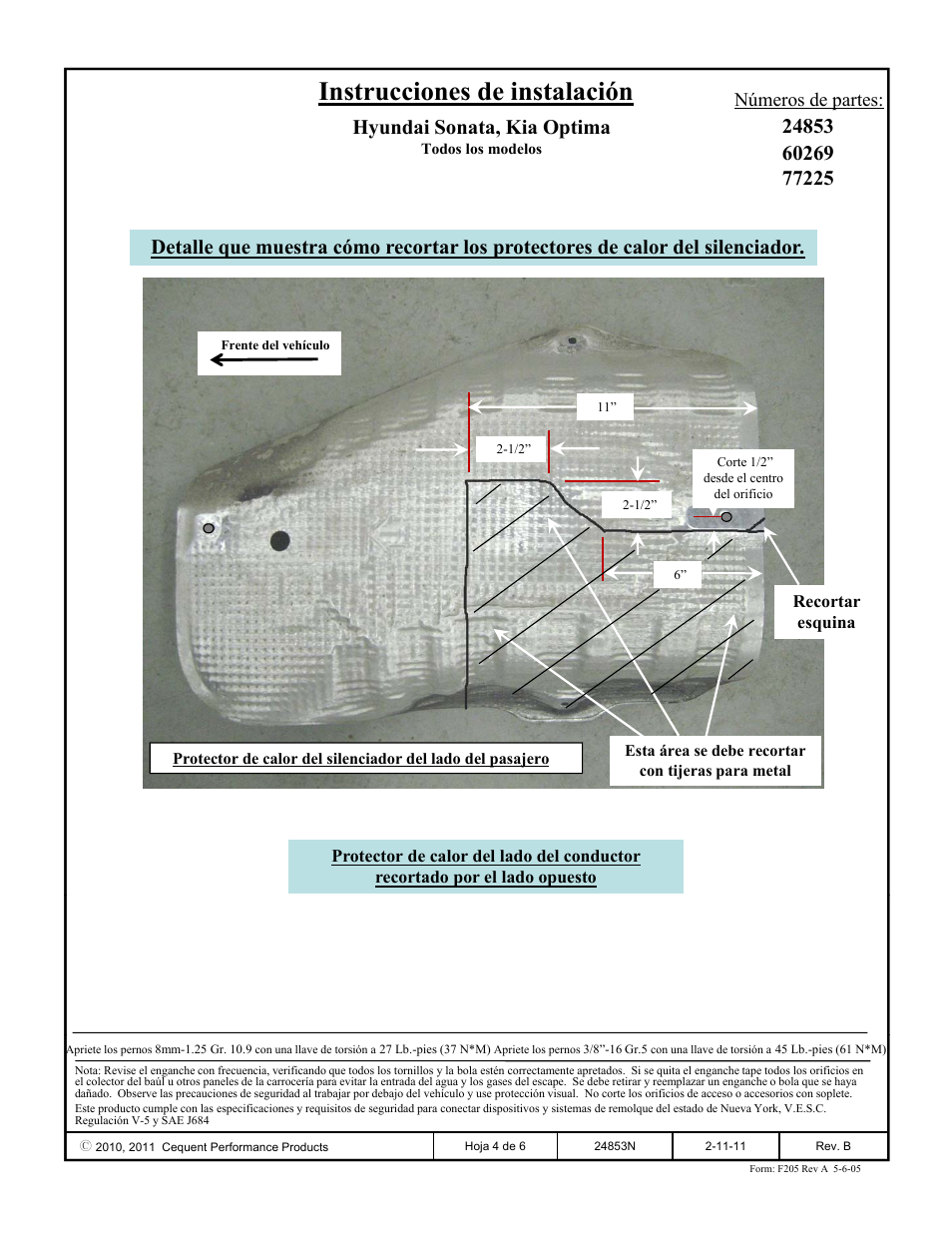 Instrucciones de instalación, Hyundai sonata, kia optima, Números de partes | Draw-Tite 24853 SPORTFRAME HITCH User Manual | Page 4 / 6
