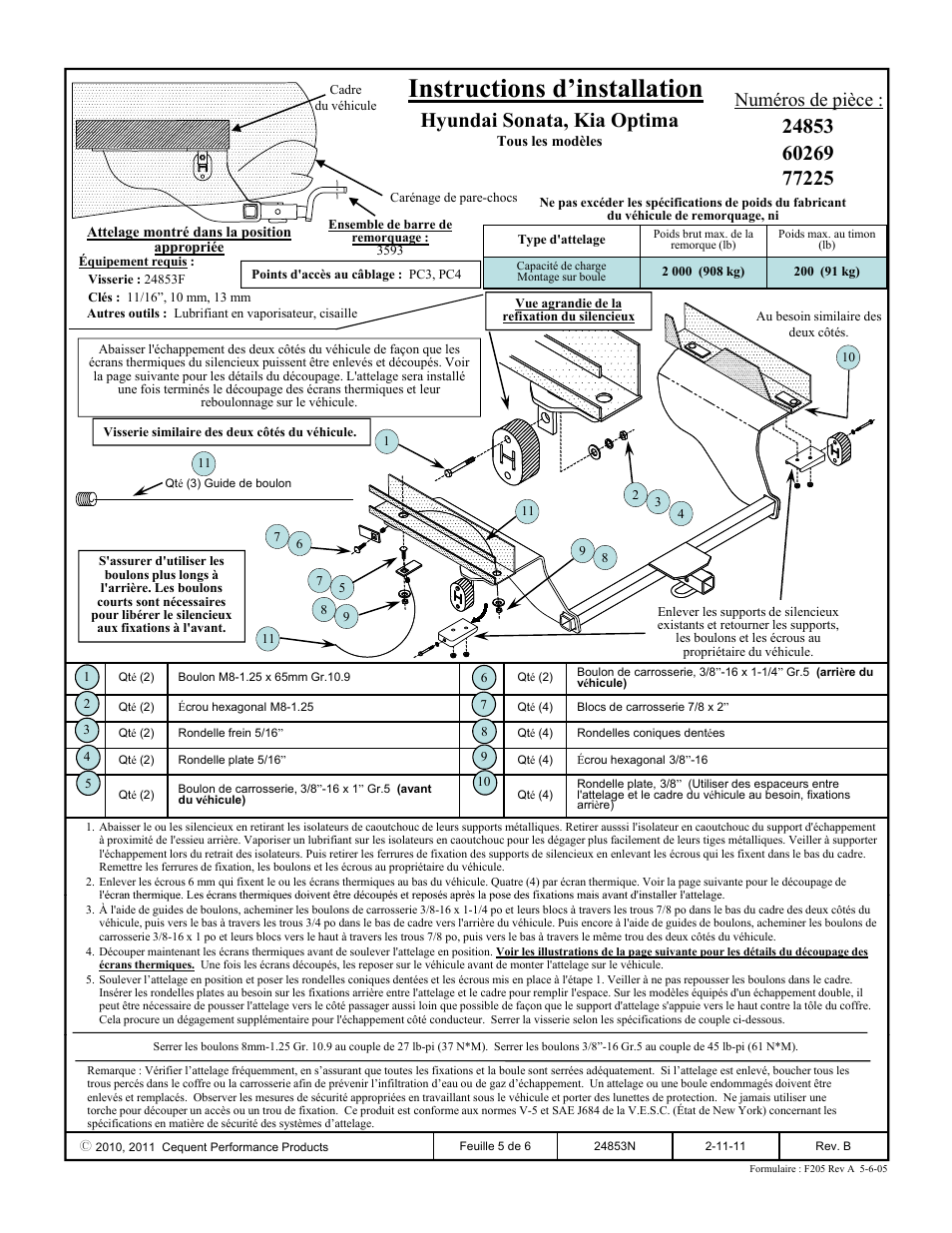 Instructions d’installation, Hyundai sonata, kia optima, Numéros de pièce | Draw-Tite 24853 SPORTFRAME HITCH User Manual | Page 5 / 6