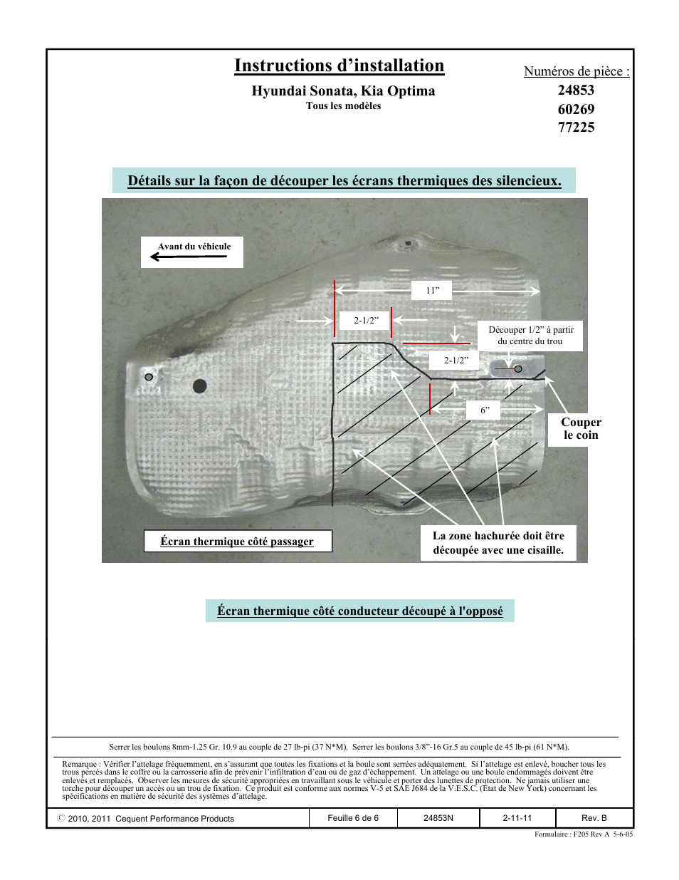 Instructions d’installation, Hyundai sonata, kia optima, Numéros de pièce | Draw-Tite 24853 SPORTFRAME HITCH User Manual | Page 6 / 6