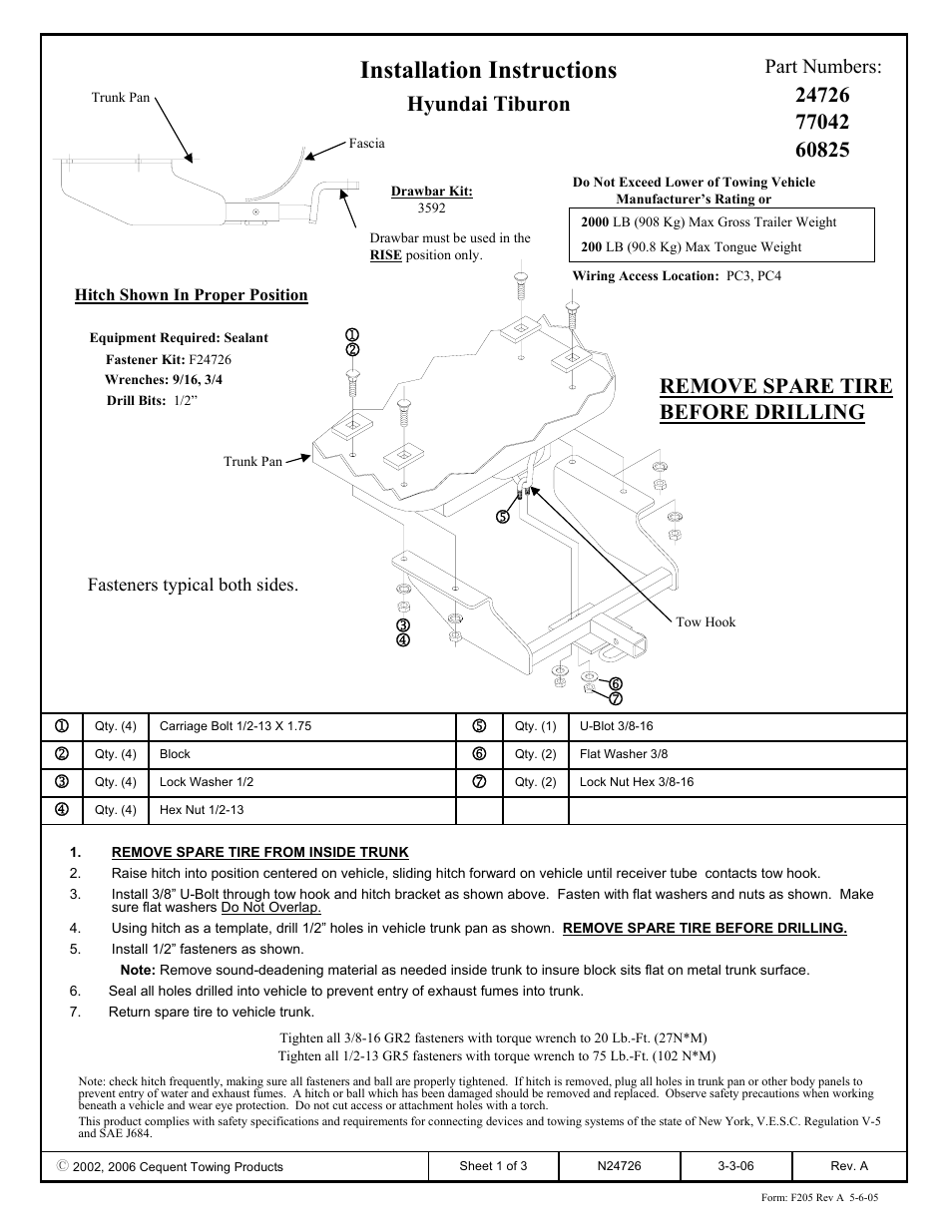 Draw-Tite 24726 SPORTFRAME HITCH User Manual | 3 pages