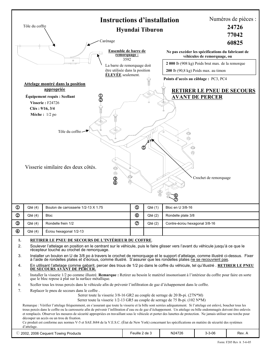 Instructions d’installation, Hyundai tiburon, Numéros de pièces | Draw-Tite 24726 SPORTFRAME HITCH User Manual | Page 2 / 3