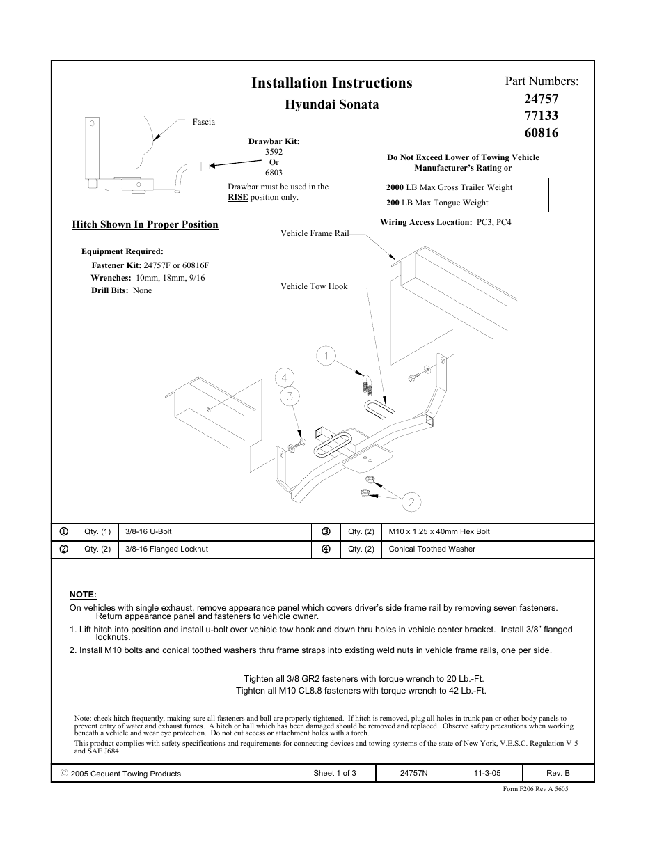 Draw-Tite 24757 SPORTFRAME HITCH User Manual | 3 pages