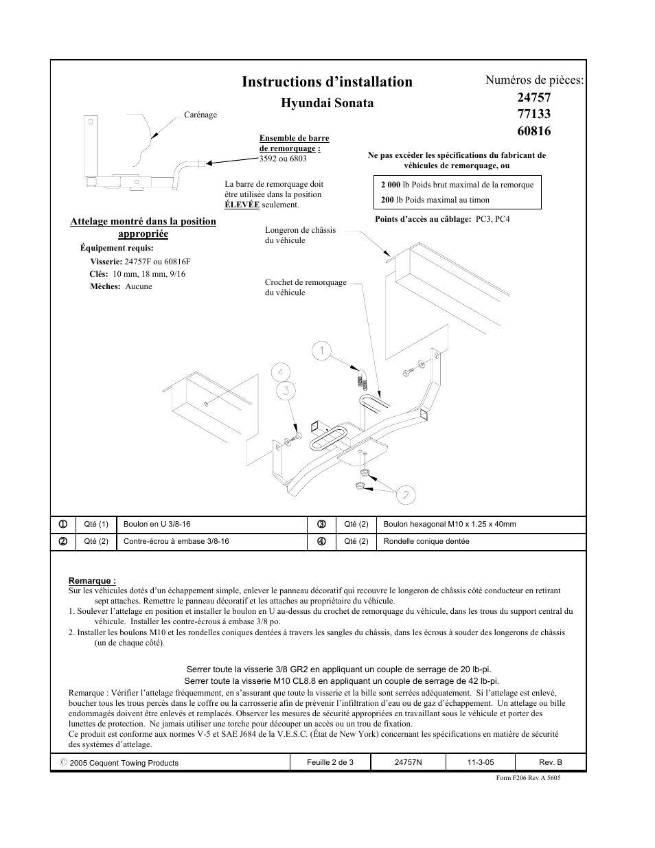 Instructions d’installation, Hyundai sonata, Numéros de pièces | Draw-Tite 24757 SPORTFRAME HITCH User Manual | Page 2 / 3