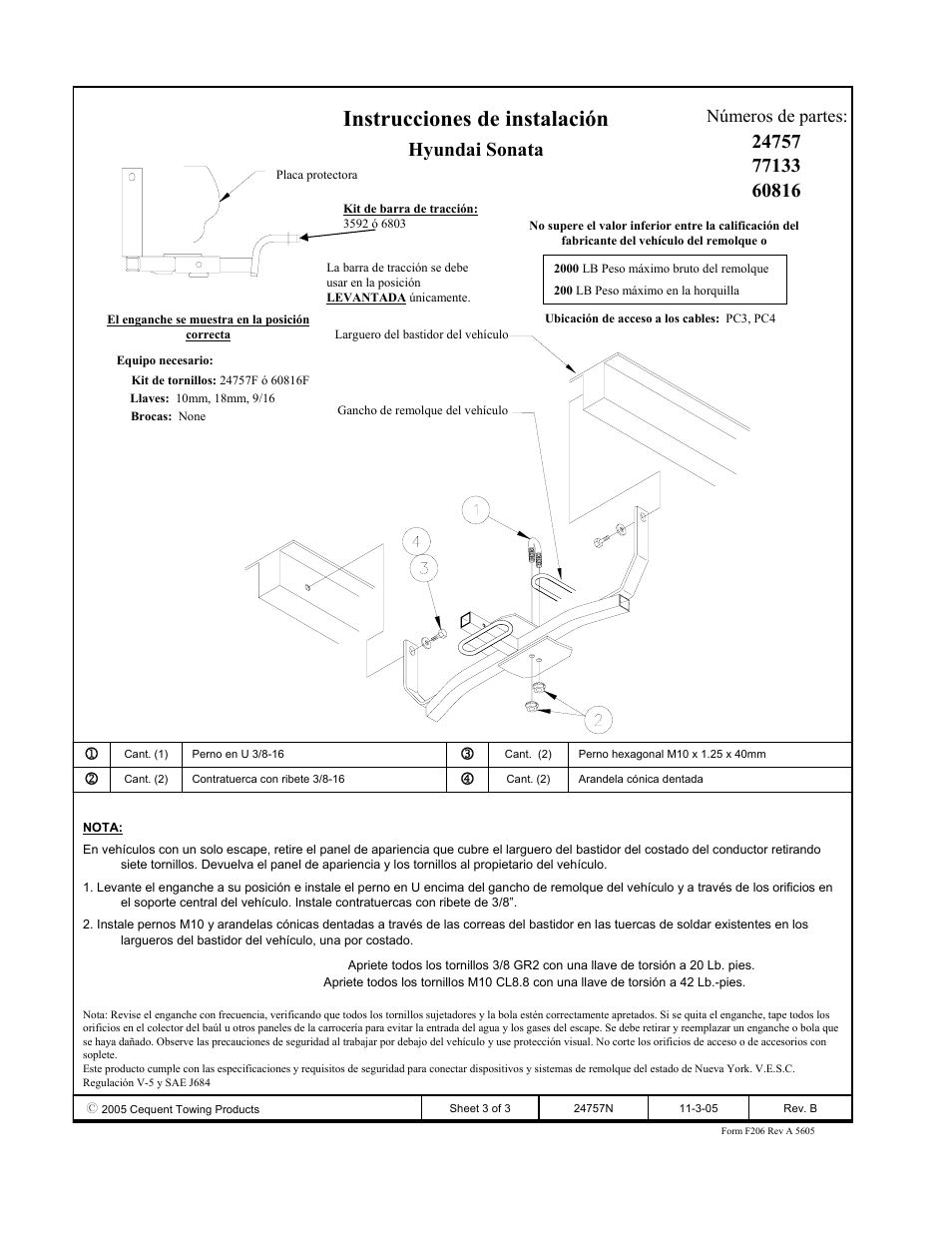 Instrucciones de instalación, Hyundai sonata, Números de partes | Draw-Tite 24757 SPORTFRAME HITCH User Manual | Page 3 / 3