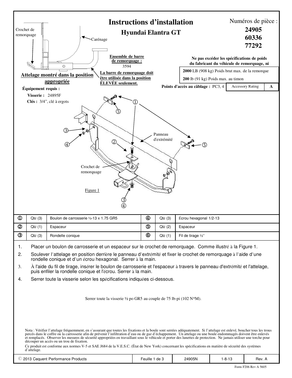 Instructions d’installation, Hyundai elantra gt, Numéros de pièce | Draw-Tite 24905 SPORTFRAME HITCH User Manual | Page 2 / 3