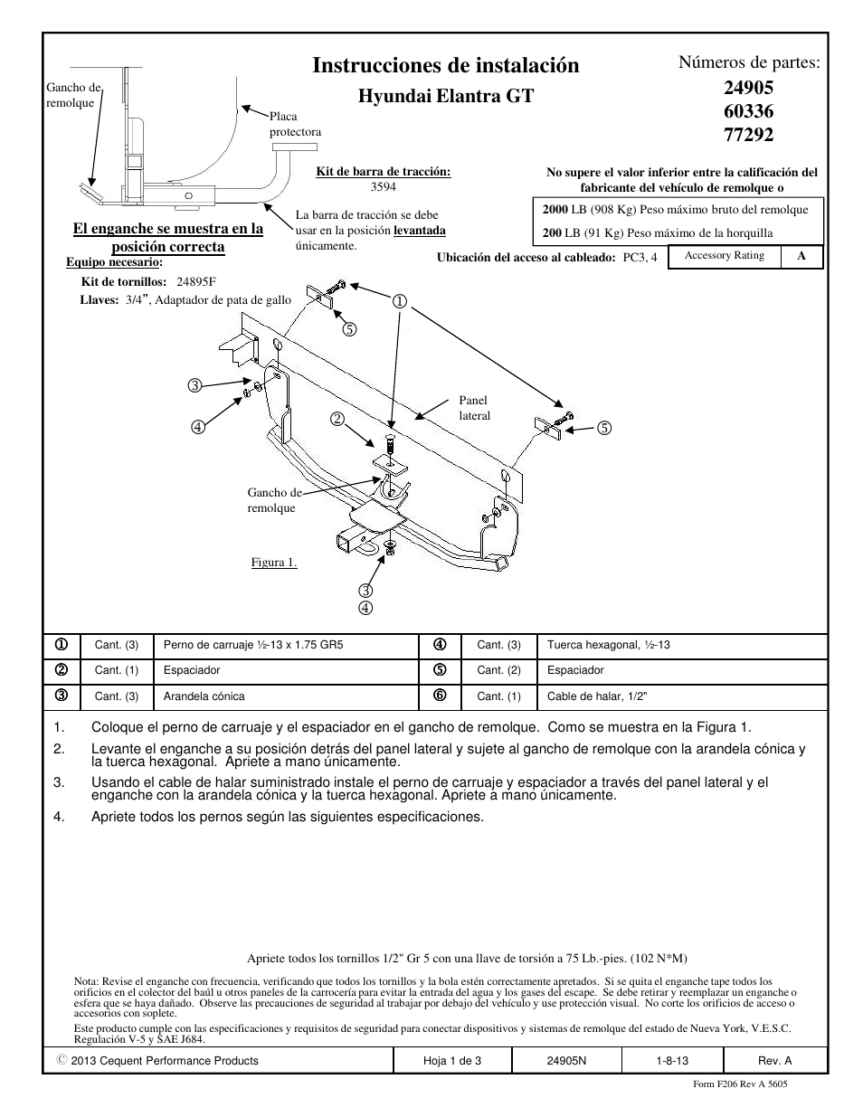 Instrucciones de instalación, Hyundai elantra gt, Números de partes | Draw-Tite 24905 SPORTFRAME HITCH User Manual | Page 3 / 3