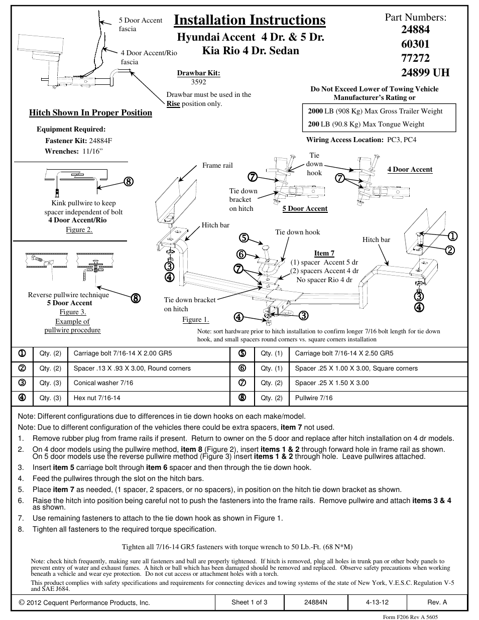 Draw-Tite 24884 SPORTFRAME HITCH User Manual | 3 pages