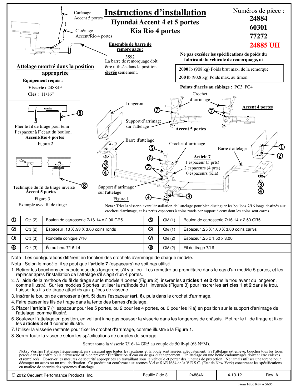 Instructions d’installation | Draw-Tite 24884 SPORTFRAME HITCH User Manual | Page 2 / 3