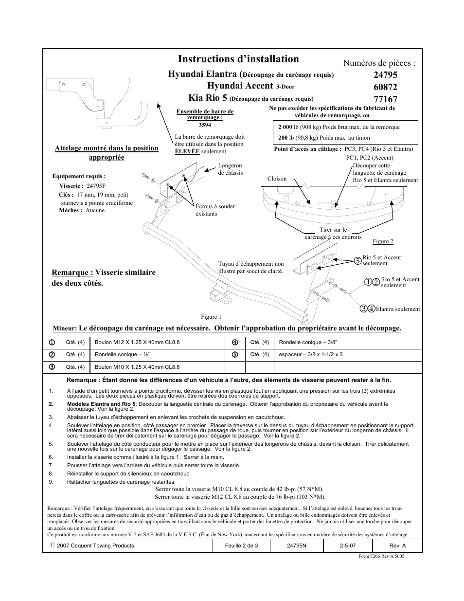 Instructions d’installation, Hyundai elantra, Hyundai accent | Kia rio 5, Numéros de pièces | Draw-Tite 24795 SPORTFRAME HITCH User Manual | Page 2 / 3