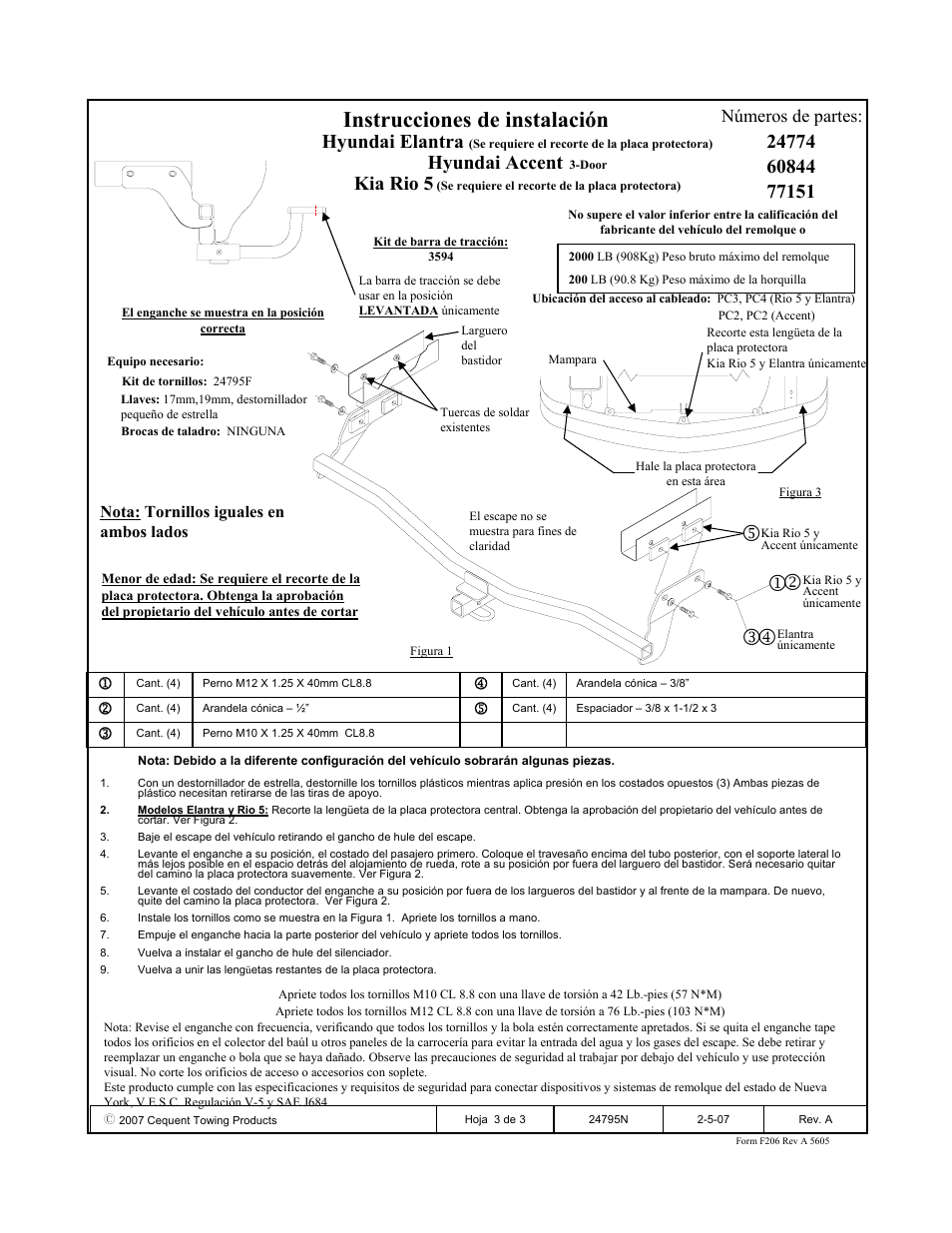 Instrucciones de instalación, Hyundai elantra, Hyundai accent | Kia rio 5, Números de partes | Draw-Tite 24795 SPORTFRAME HITCH User Manual | Page 3 / 3