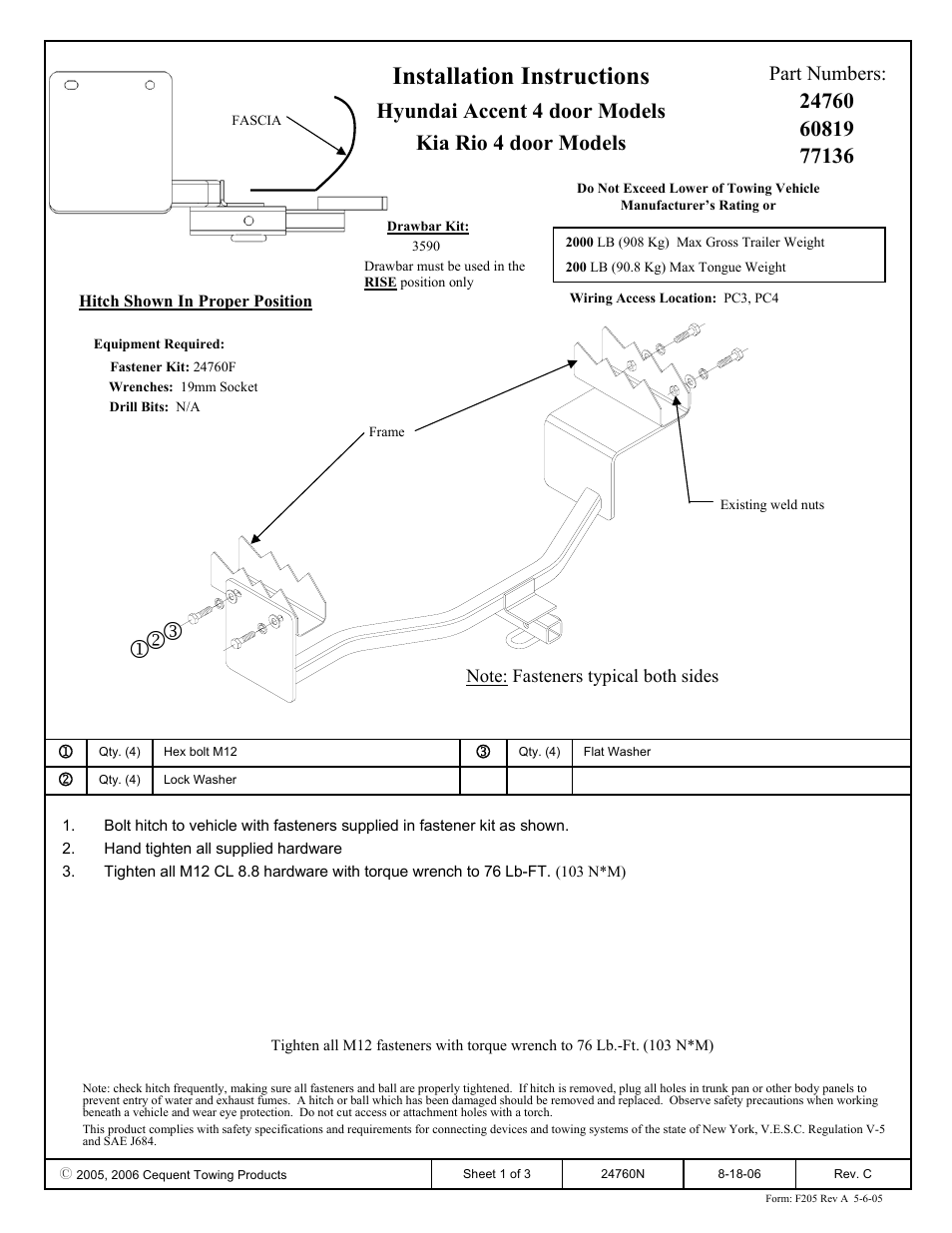 Draw-Tite 24760 SPORTFRAME HITCH User Manual | 3 pages