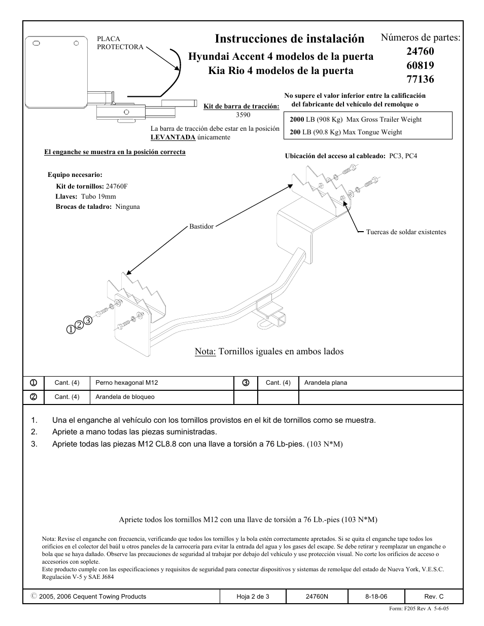 Instrucciones de instalación, Números de partes | Draw-Tite 24760 SPORTFRAME HITCH User Manual | Page 2 / 3