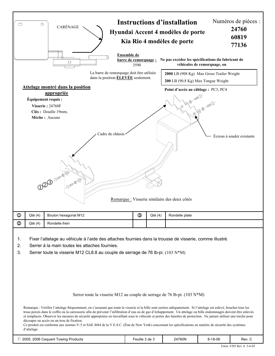 Instructions d’installation, Numéros de pièces | Draw-Tite 24760 SPORTFRAME HITCH User Manual | Page 3 / 3