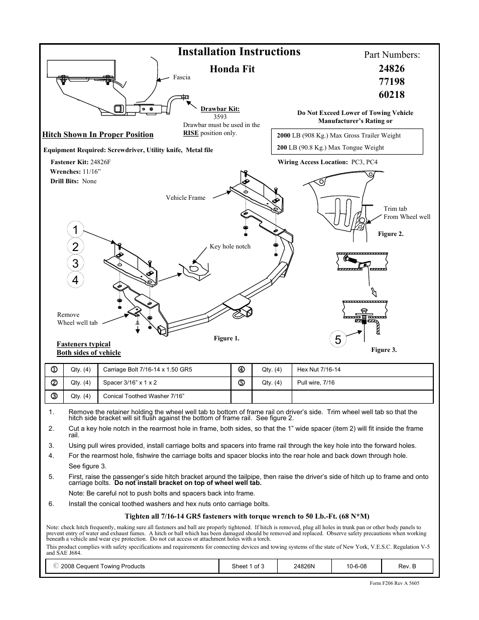 Draw-Tite 24826 SPORTFRAME HITCH User Manual | 3 pages