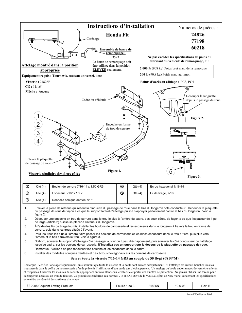 Instructions d’installation, Honda fit, Numéros de pièces | Draw-Tite 24826 SPORTFRAME HITCH User Manual | Page 2 / 3