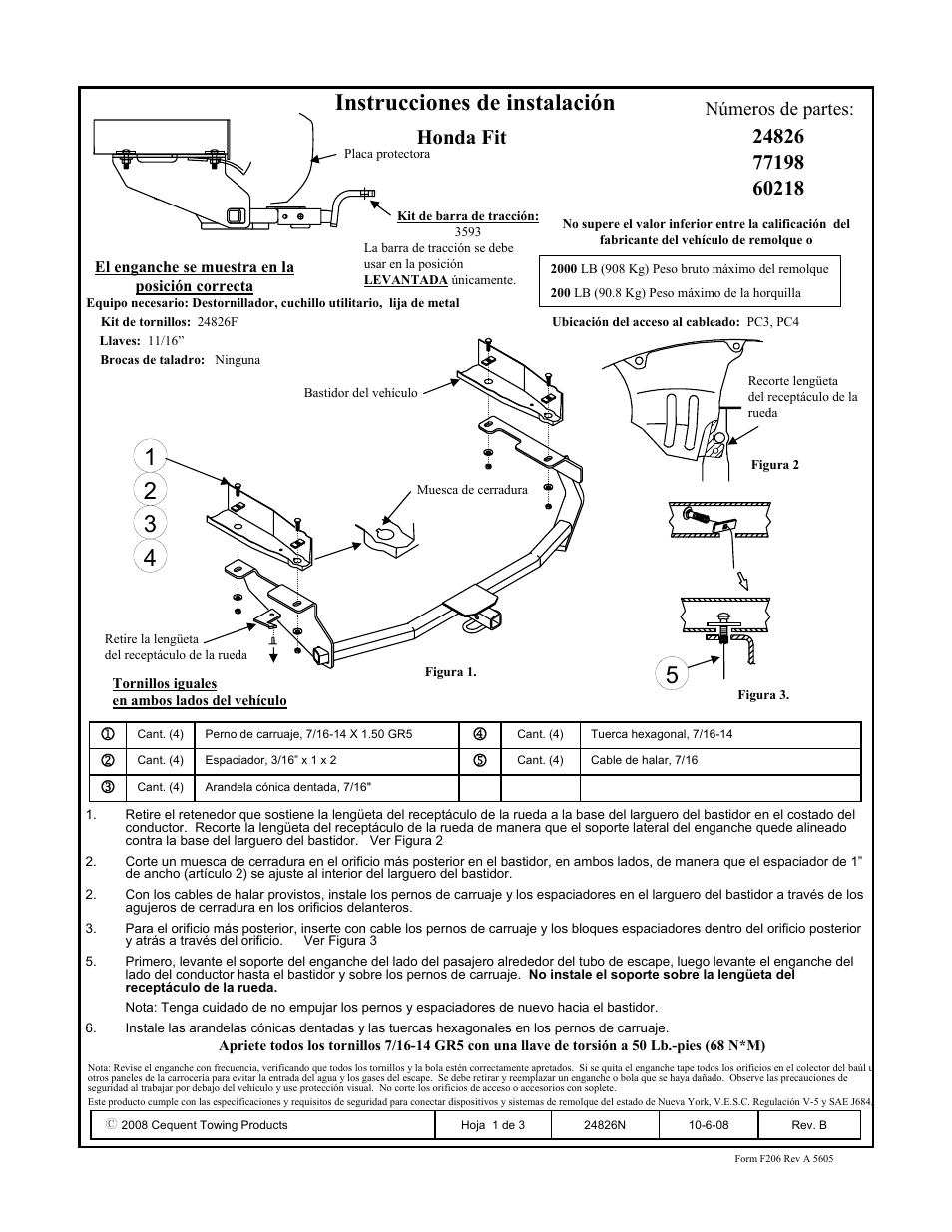 Instrucciones de instalación, Honda fit, Números de partes | Draw-Tite 24826 SPORTFRAME HITCH User Manual | Page 3 / 3
