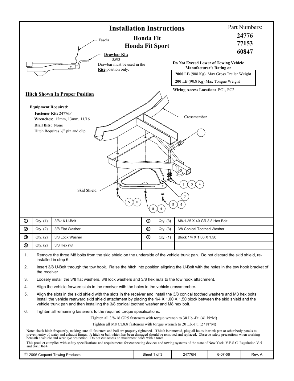 Draw-Tite 24776 SPORTFRAME HITCH User Manual | 3 pages