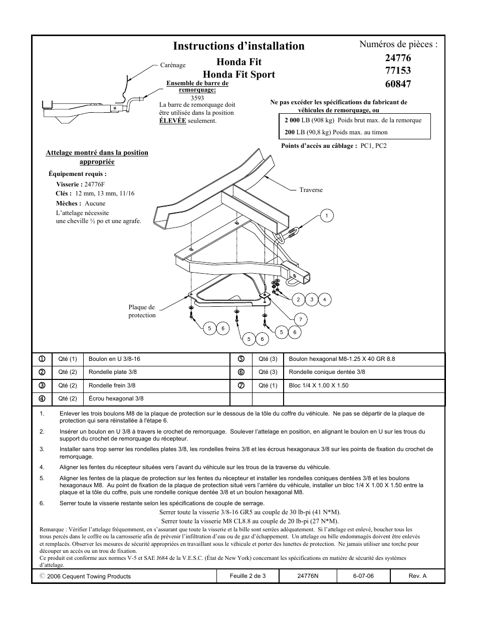 Instructions d’installation, Honda fit honda fit sport, Numéros de pièces | Draw-Tite 24776 SPORTFRAME HITCH User Manual | Page 2 / 3