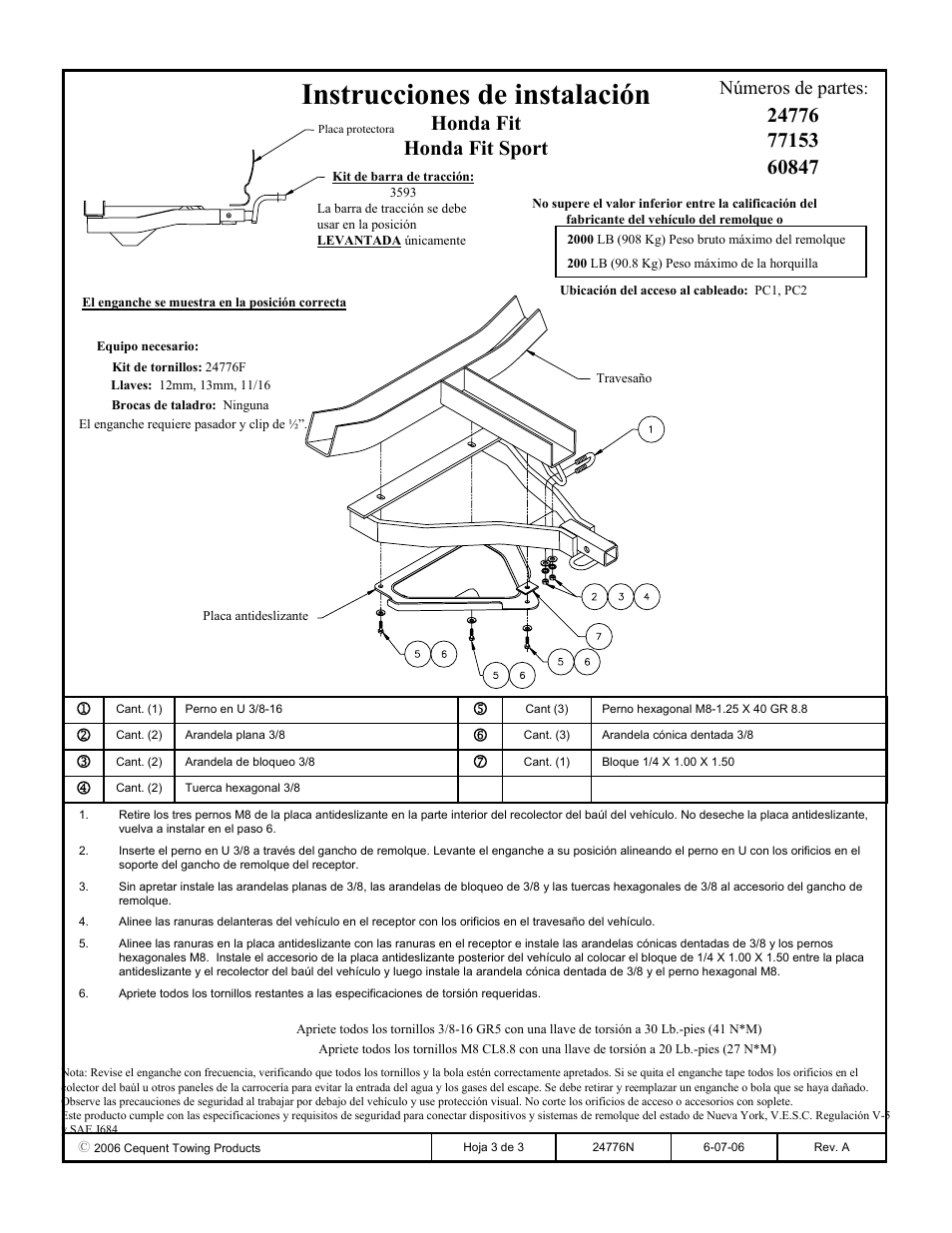 Instrucciones de instalación, Honda fit honda fit sport, Números de partes | Draw-Tite 24776 SPORTFRAME HITCH User Manual | Page 3 / 3