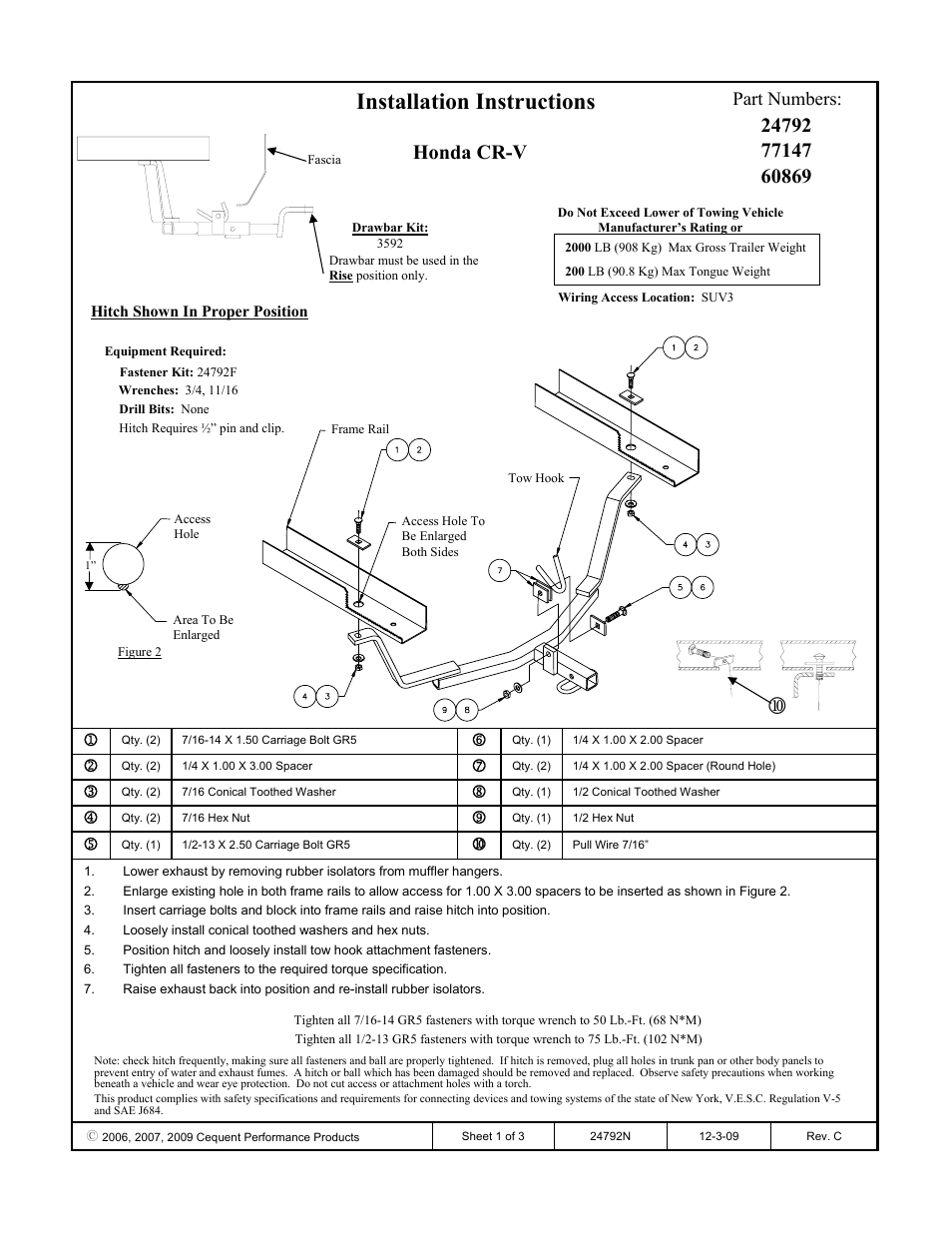 Draw-Tite 24792 SPORTFRAME HITCH User Manual | 3 pages