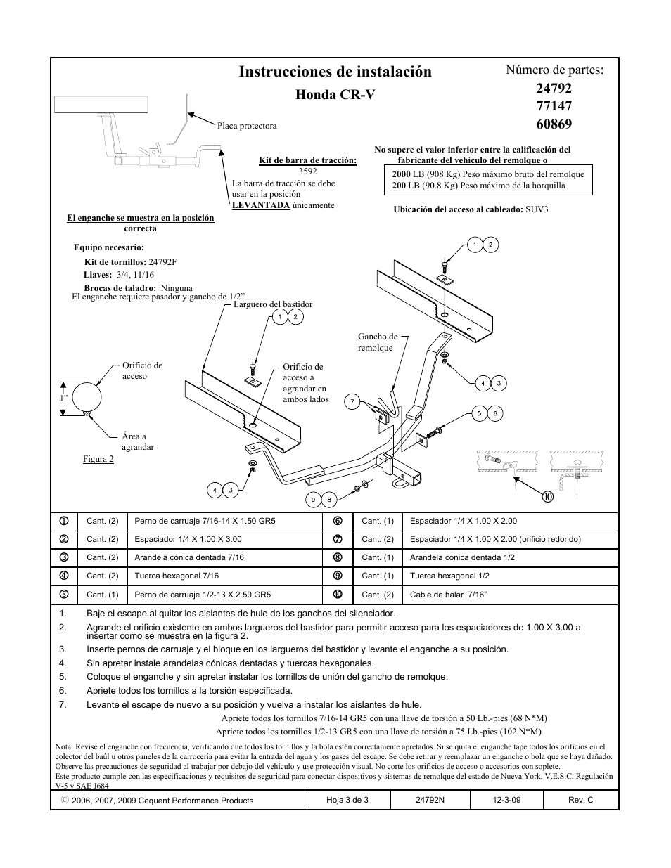 Instrucciones de instalación, Honda cr-v, Número de partes | Draw-Tite 24792 SPORTFRAME HITCH User Manual | Page 3 / 3