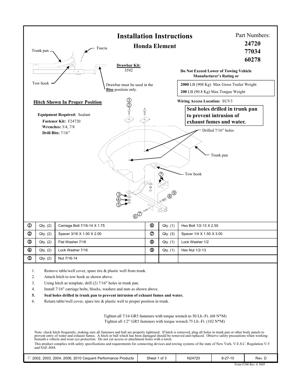 Draw-Tite 24720 SPORTFRAME HITCH User Manual | 3 pages
