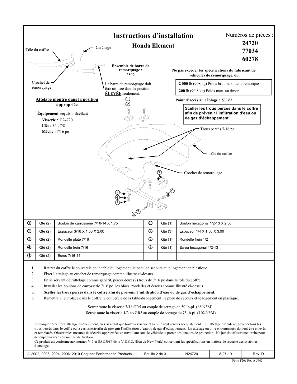 Instructions d’installation, Honda element, Numéros de pièces | Draw-Tite 24720 SPORTFRAME HITCH User Manual | Page 2 / 3