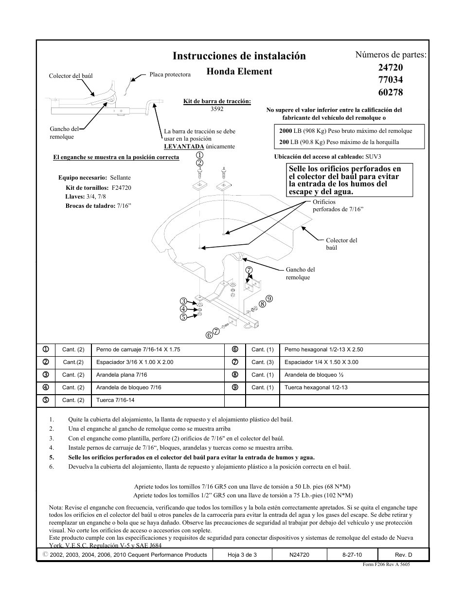 Instrucciones de instalación, Honda element, Números de partes | Draw-Tite 24720 SPORTFRAME HITCH User Manual | Page 3 / 3