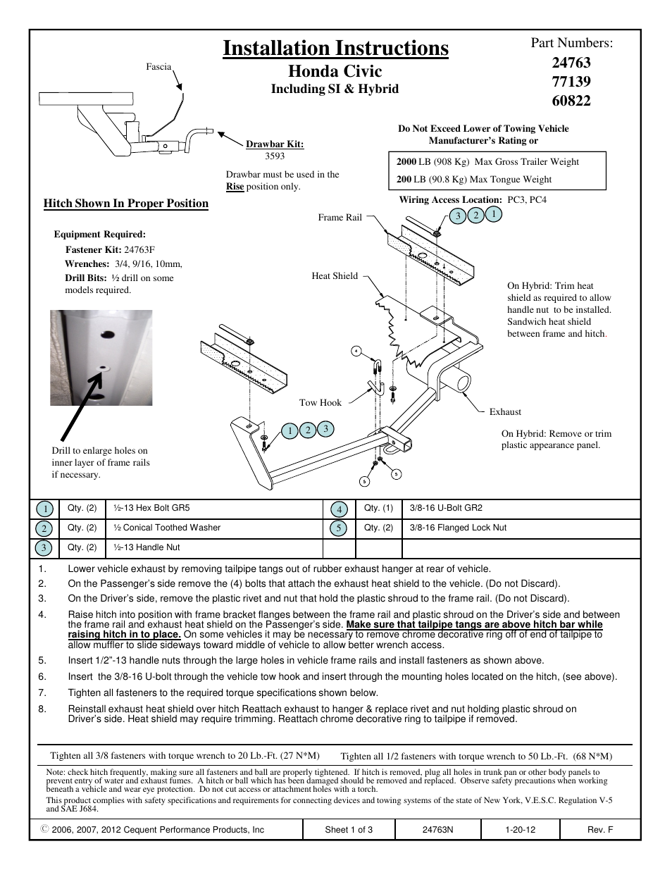 Draw-Tite 24763 SPORTFRAME HITCH User Manual | 3 pages