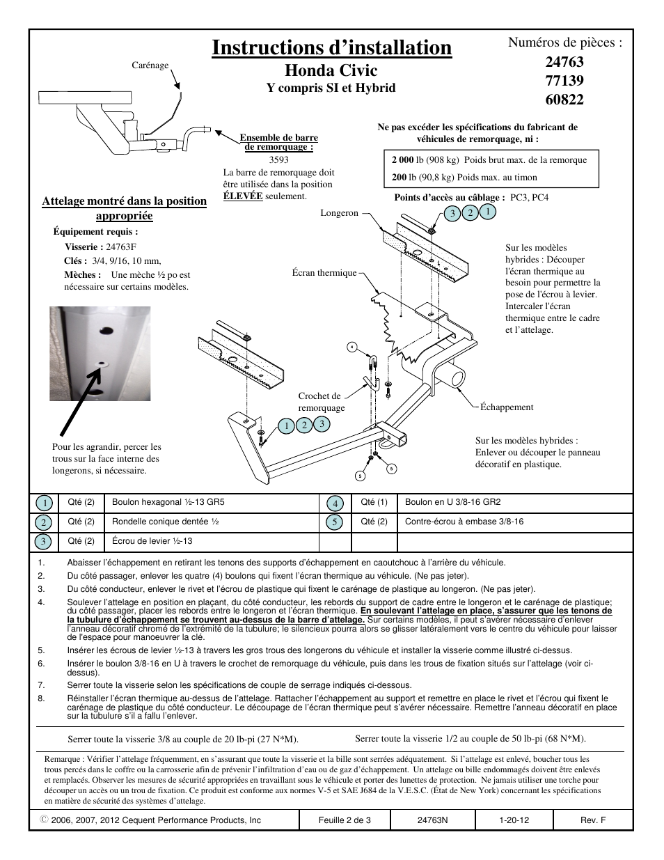 Instructions d’installation, Honda civic, Numéros de pièces | Y compris si et hybrid | Draw-Tite 24763 SPORTFRAME HITCH User Manual | Page 2 / 3