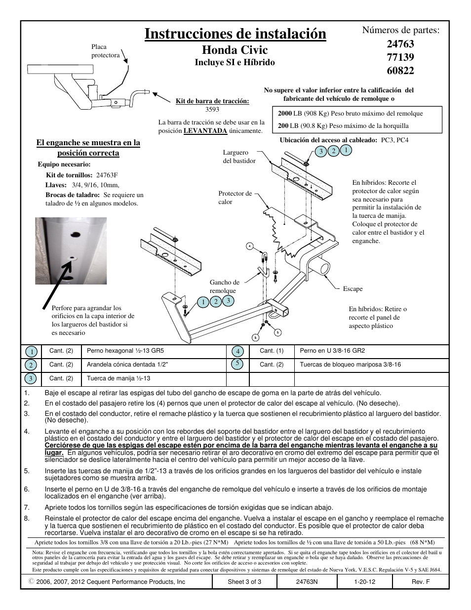 Instrucciones de instalación, Honda civic, Números de partes | Incluye si e híbrido | Draw-Tite 24763 SPORTFRAME HITCH User Manual | Page 3 / 3