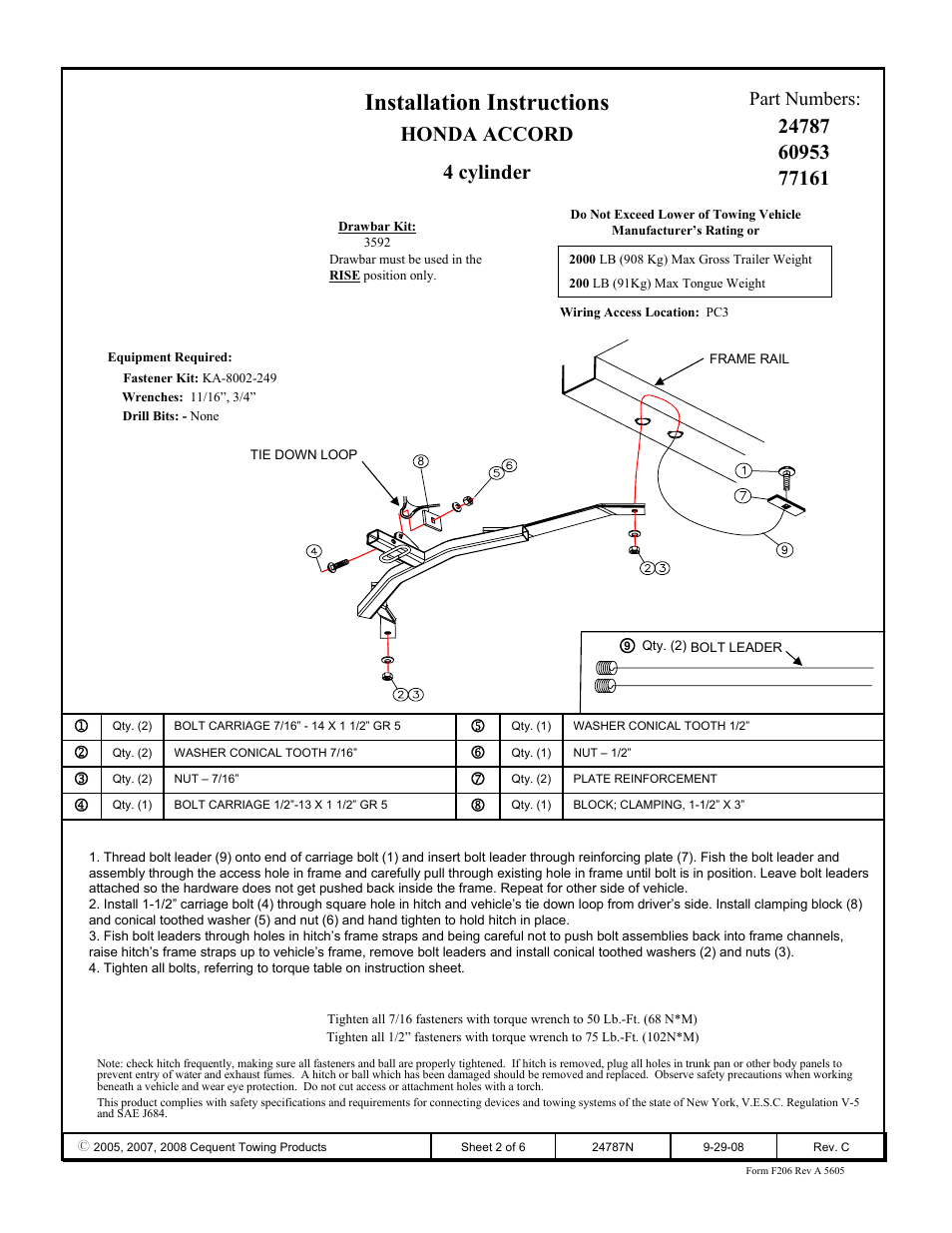 Installation instructions, Honda accord 4 cylinder, Part numbers | Draw-Tite 24787 SPORTFRAME HITCH User Manual | Page 2 / 6