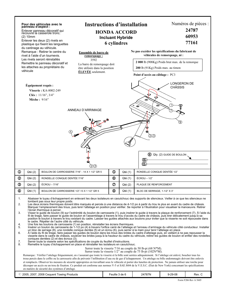 Instructions d’installation, Honda accord, 6 cylindres | Numéros de pièces, Incluant hybride | Draw-Tite 24787 SPORTFRAME HITCH User Manual | Page 3 / 6