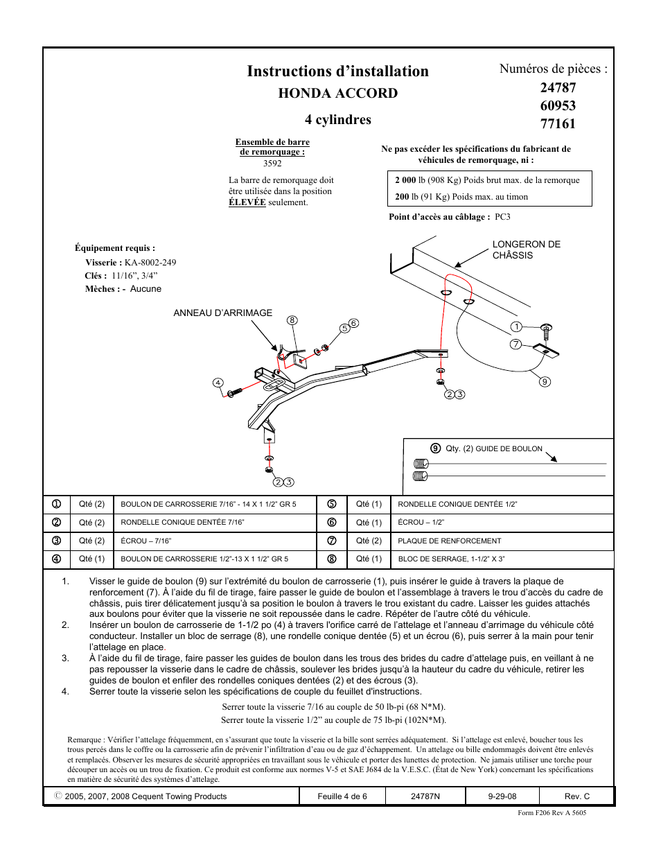 Instructions d’installation, Honda accord 4 cylindres, Numéros de pièces | Draw-Tite 24787 SPORTFRAME HITCH User Manual | Page 4 / 6